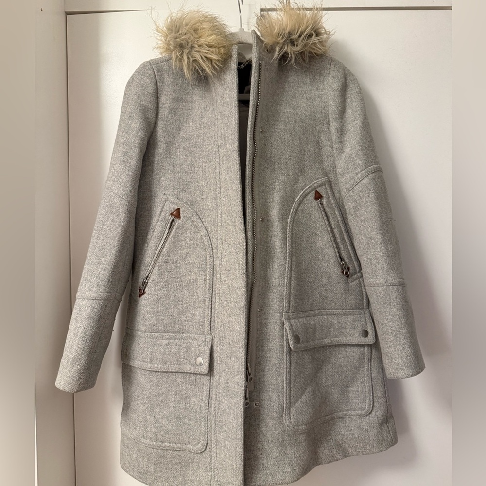 J. Crew Gray Puffer Coat with Faux Fur Hood